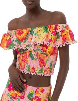 Top Fracomina cropped estampado flores brocado