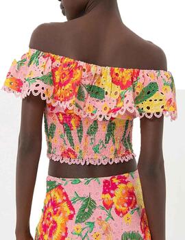 Top Fracomina cropped estampado flores brocado