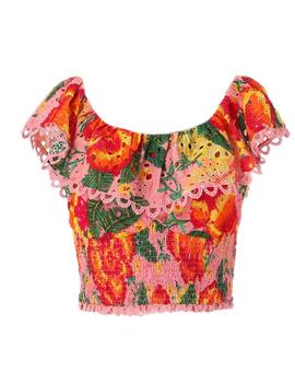 Top Fracomina cropped estampado flores brocado