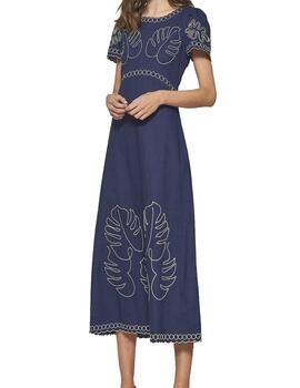 Vestido MDM  azul largo bordado en crudo