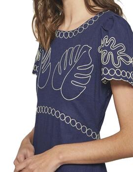 Vestido MDM  azul largo bordado en crudo