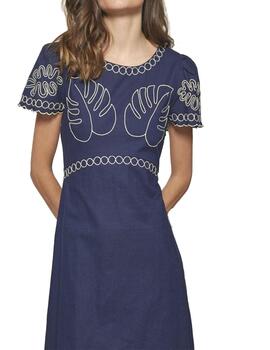 Vestido MDM  azul largo bordado en crudo