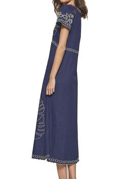 Vestido MDM  azul largo bordado en crudo