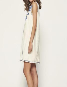 Vestido MDM  crudo bordado en azulón