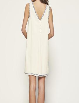 Vestido MDM  crudo bordado en azulón