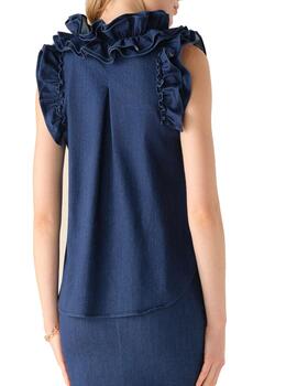 Top Cristina Barros denim con volantes