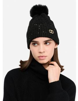 Gorro Liu Jo punto  microlentejuela y pompón negro