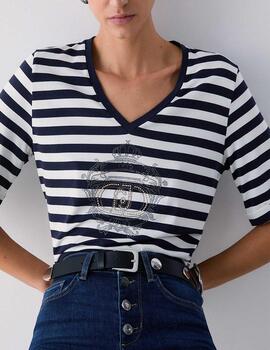 Camiseta Liu Jo escote pico rayas marineras azul