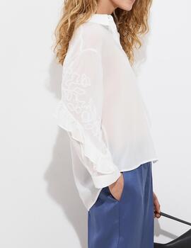 Camisa Decenio con volante y flores brillo blanco