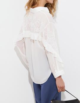 Camisa Decenio con volante y flores brillo blanco