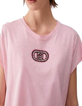 Camiseta Liu Jo rosa con logo en piedras