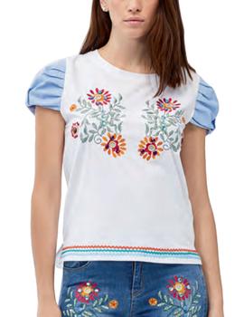 CAMISETA BORDADA FLORES MANGAS TELA